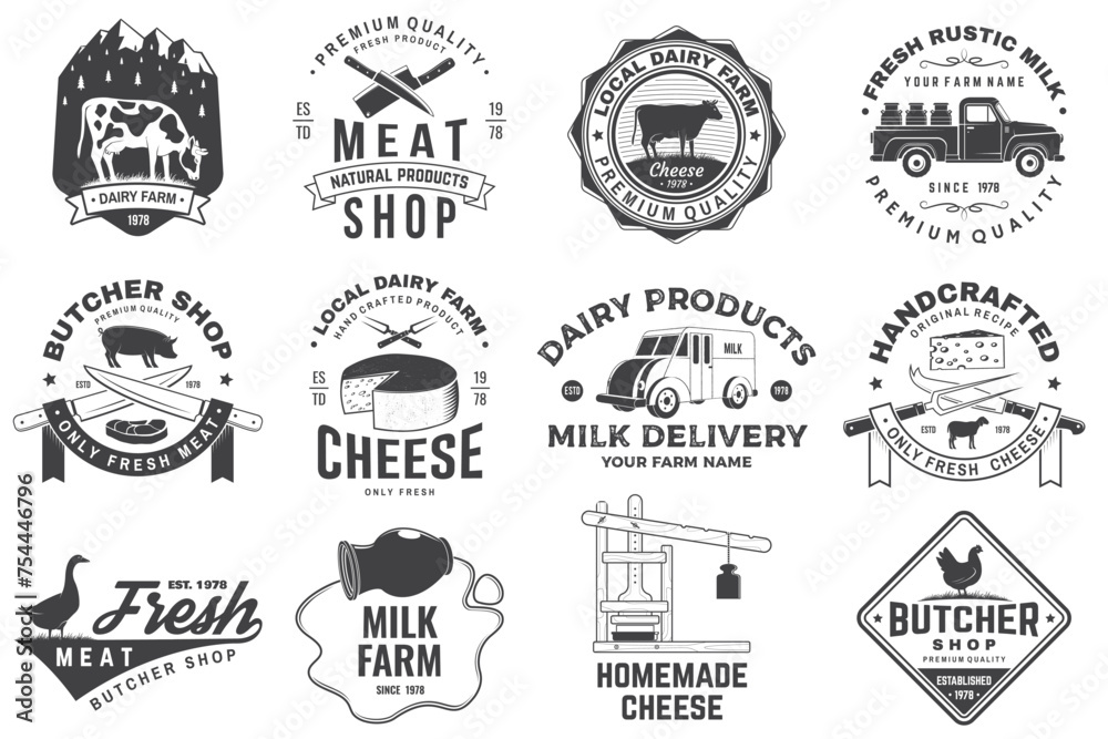 Fototapeta premium Cheese, butcher, dairy and milk family farm badge design. Template for butcher, cheese, dairy and milk farm business - shop, market, packaging and menu. Vector illustration
