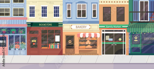 Store street. Town road. Shop facade with door and window storefront. Building front view. City neighborhood. Cafe and bookstore. House exterior. Europe cityscape. Urban scenery. Vector illustration