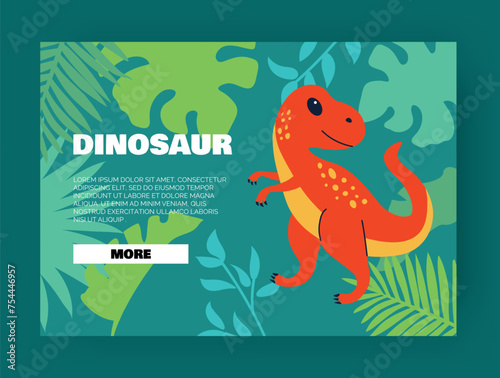 Dinosaur web page. Banner with copy space for text. Colorful dino and tropical plants. Cute doodle style drawing. Adorable animal. Prehistoric and paleontology site. Cartoon flat vector illustration