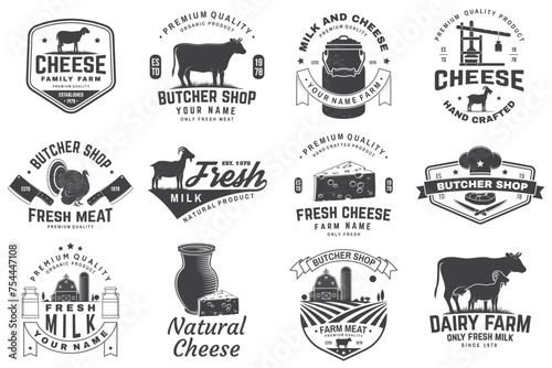Cheese, butcher, dairy and milk family farm badge design. Template for butcher, cheese, dairy and milk farm business - shop, market, packaging and menu. Vector illustration