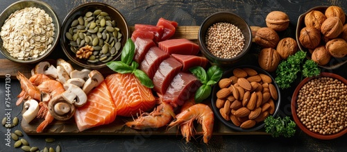 A top view of a wooden cutting board covered with a variety of fresh and colorful foods like fruits, vegetables, cheese, bread, and meats. photo
