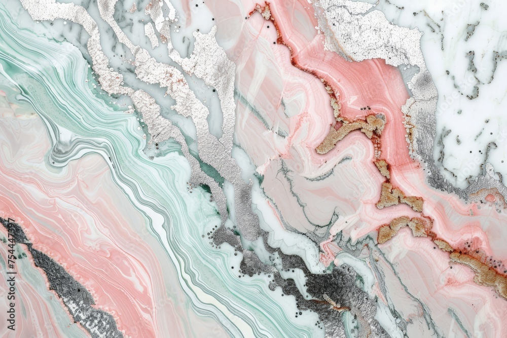 Fototapeta premium Ethereal marble texture with pink, white, green, and silver hues.