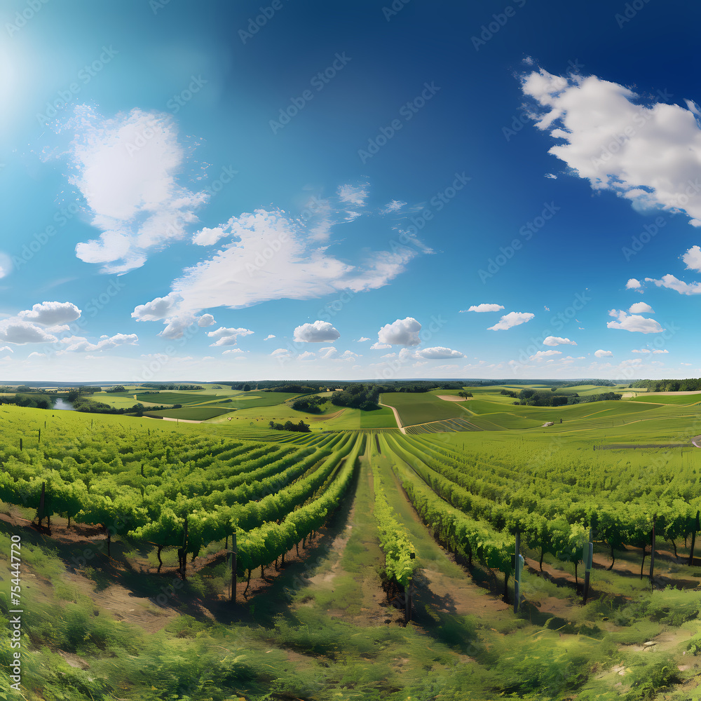 A panoramic view of a countryside vineyard.