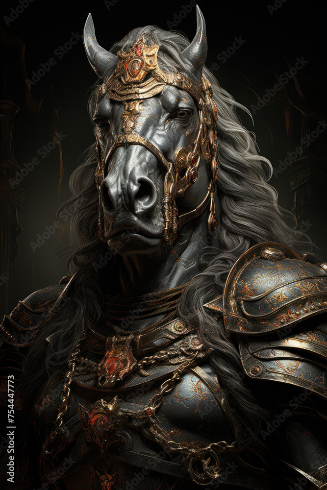 Black Knight horse armor, close-up portrait.