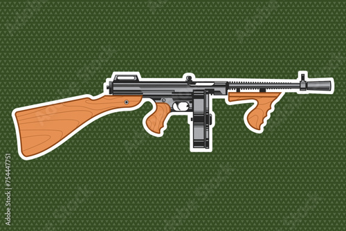 Gangster submachine gun sticker, patch for clothing. Vector illustration. Fashion patches T-shirt print design
