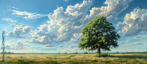 A painting showcasing a tall, lush green tree standing prominently in the center of a vast field.