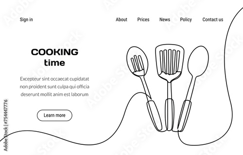 Kitchen tools. Culinary landing page. Cooking time. Household kitchenware. Website design template. Food preparing spoons and ladle. Domestic cookery. Doodle continuous line drawing. Vector background