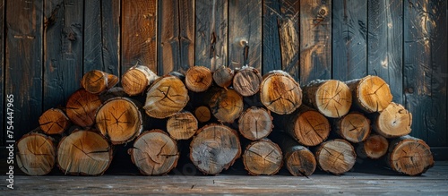 A pile of wood logs is neatly arranged on a wooden floor  creating a structured and organized composition.