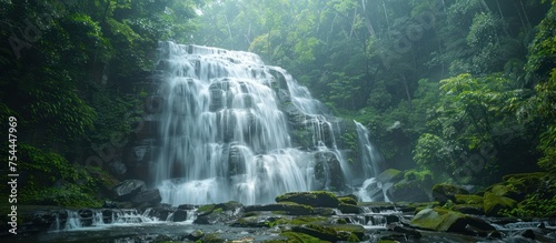 A large waterfall flows through a lush forest, cascading down rocks with great force.