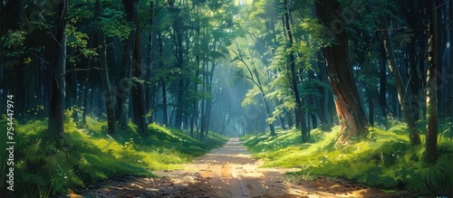A painting depicting a majestic dirt road cutting through a dense forest of towering trees.