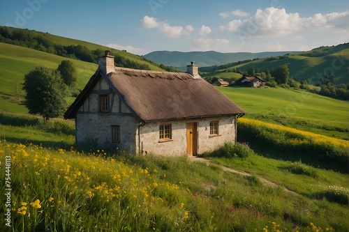 Serene Countryside Retreat: A Rustic Cabin Amidst Lush Meadows and Rolling Hills in Full Bloom, generative AI