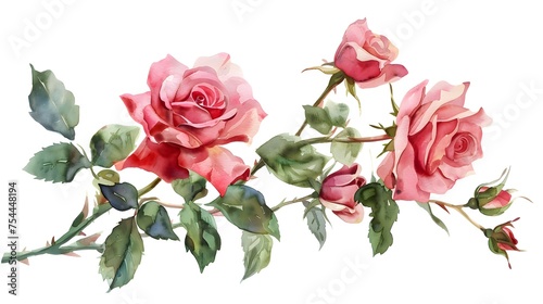 A branch with roses and leaves in watercolor technique on a white background