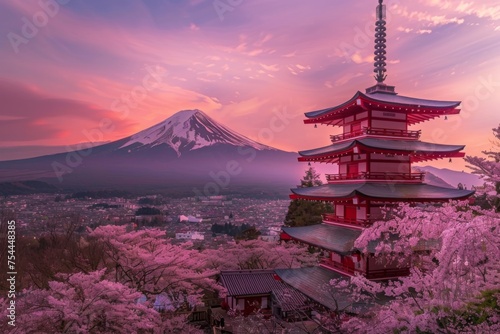 Chureito Pagoda with sakura, japan temple, japan in spring, spring, cherry blossoms, mountains in sunset, pink sky