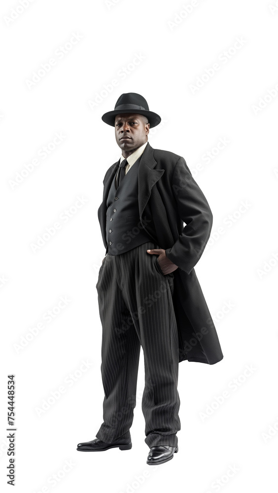 Tough senior black man wearing a black coat and suit. Fedora hat. Gangster from the 1900s. african american detective. Full view. Font view. Isolated transparent PNG background. Tough senior black man wearing a black coat and suit. Fedora hat. Gangster from the 1900s. african american detective. Full view. Font view. Isolated transparent PNG background.