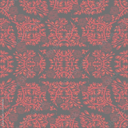 Seamless pattern with roses and thorns intertwined on a gray background. Suitable for interior, wallpaper, fabrics, clothing, stationery.