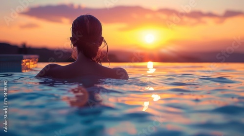 A woman is swimming in a pool with the sun setting in the background. The water is calm and the sky is a beautiful orange color