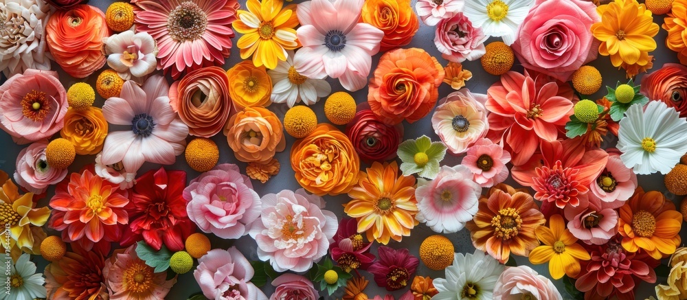 Various types of flowers intricately arranged on a vertical surface, creating a vibrant and visually appealing display.