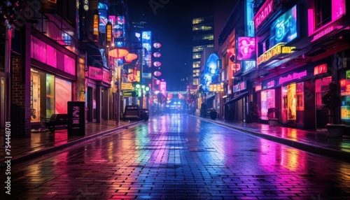 A city street is brightly lit up with neon lights, creating a colorful and lively atmosphere. The lights illuminate the surrounding buildings and create a vibrant.