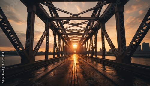 The sun is setting on an iconic bridge, casting a warm glow over the structure and the water below. The sky is painted with hues of orange and pink as the day comes to a close