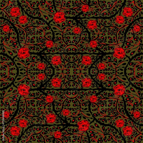 Seamless pattern with roses and thorns intertwined on a black background. Suitable for interior, wallpaper, fabrics, clothing, stationery.