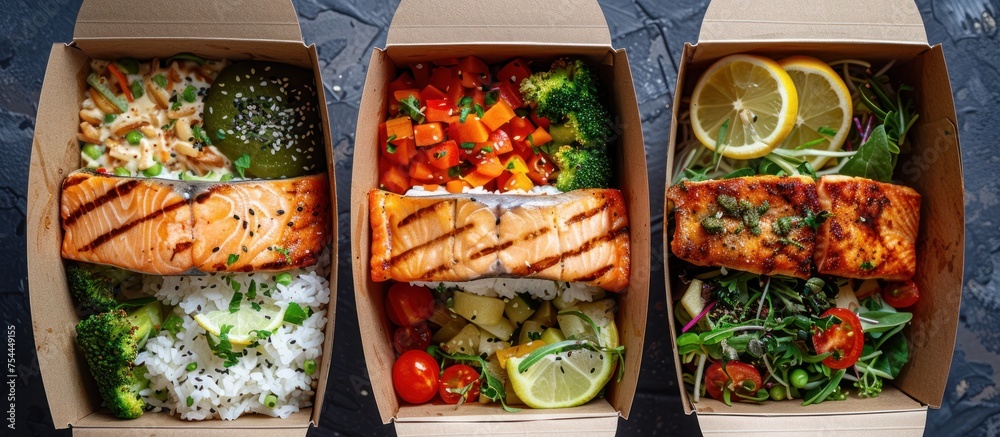 Three paper boxes filled with a variety of nutritious meals, showcasing different types of food items. Three paper boxes filled with a variety of nutritious meals, showcasing different types of food items.