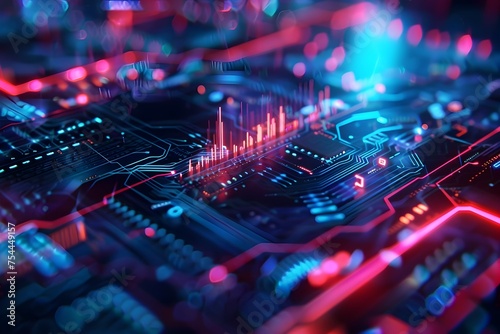 Illuminated Circuit Board with LED Lights, To provide a visually appealing and technical image of a circuit board for use in advertising, marketing,