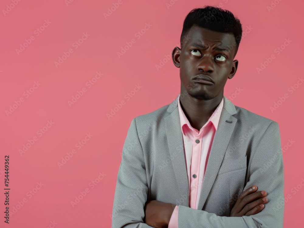 A man in a suit is looking at the camera with a puzzled expression. He is wearing a pink shirt and a gray jacket A man in a suit is looking at the camera with a puzzled expression. He is wearing a pink shirt and a gray jacket