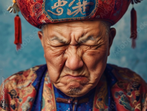 A man wearing a red and blue hat with Chinese writing on it. He has a sad expression on his face