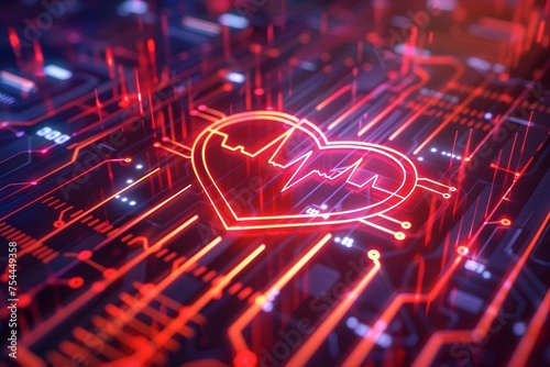 Neon Circuit Board Digital Heart in Medical Themes, To depict the integration of technology and medicine in a visually engaging and modern way