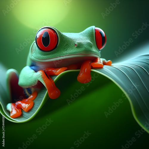 Red eyed tree frog sitting on leaf, macro style