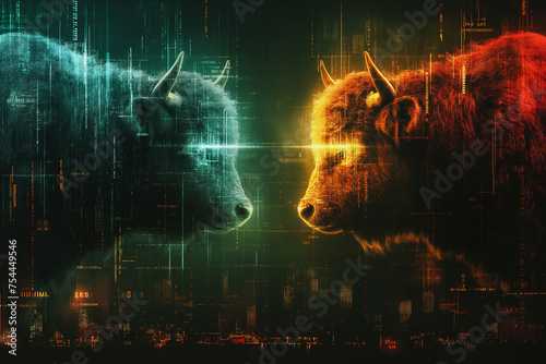 Digital illustration of two glowing bulls looking each other. Bulls stock market speculators.