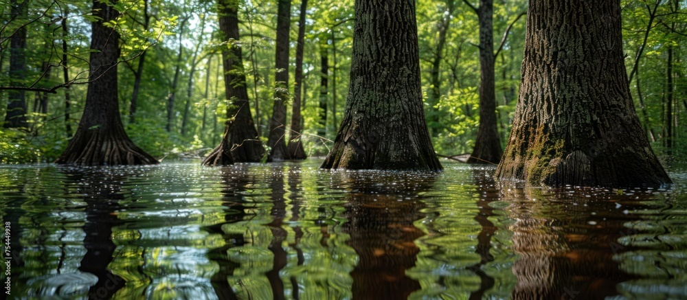 Several trees standing in the water, partially submerged, creating a unique landscape.