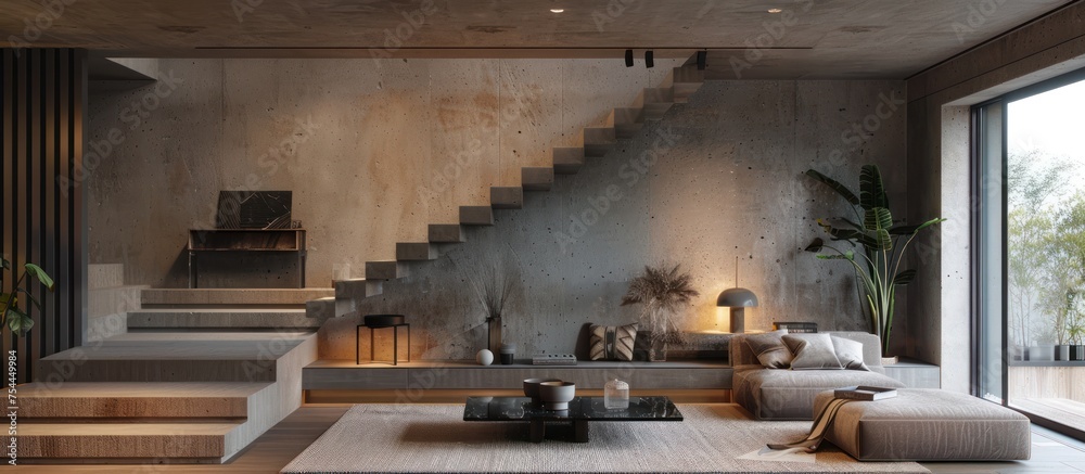 A modern living room filled with various pieces of furniture with a staircase leading up to the next floor. A modern living room filled with various pieces of furniture with a staircase leading up to the next floor.