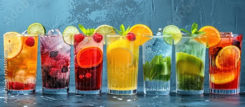 A row of glasses filled with different types of drinks, showcasing a variety of colors and textures.