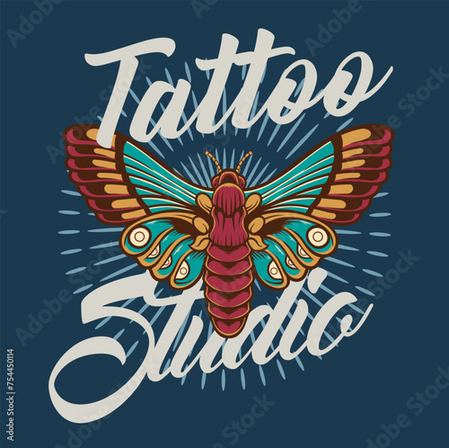 Vector Illustration of Butterfly and TATTOO STUDIO text with Vintage Hand Drawing Style Available for Logo Badge