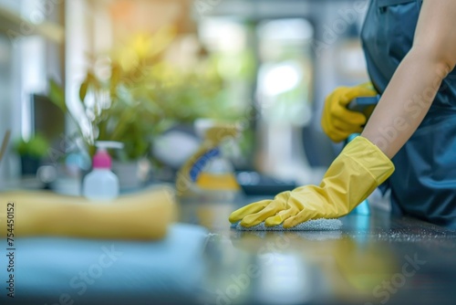 A woman is cleaning a counter with a yellow glove on. She is using a spray bottle and a rag