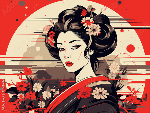simple Vector in modern thin line style of japing girl