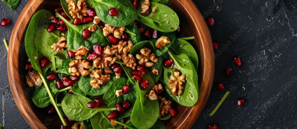 A wooden bowl filled with fresh spinach leaves and assorted nuts, creating a healthy and nutritious snack or meal option.