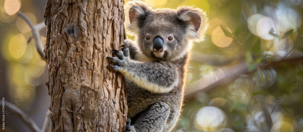 Obraz premium A joey koala bear climbs a tree in a lush forest, displaying agility and prowess in their natural habitat.