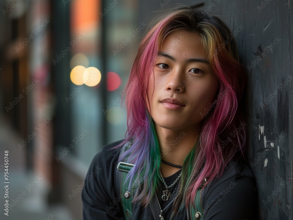 A woman with multicolored hair is standing in front of a wall. She is wearing a black shirt and a necklace. The image has a moody and edgy feel to it A woman with multicolored hair is standing in front of a wall. She is wearing a black shirt and a necklace. The image has a moody and edgy feel to it