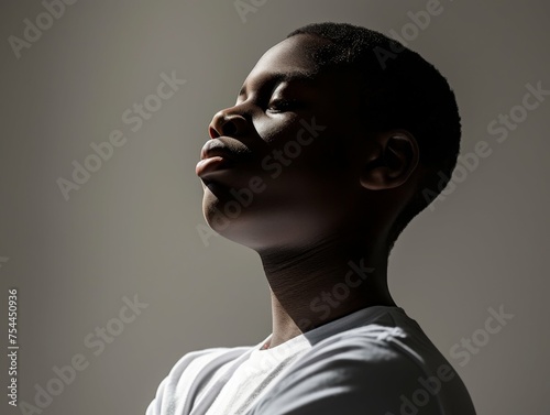 A young black man is standing with his arms crossed and looking up at the camera. Concept of determination and focus, as the man is in the middle of a thought or a task