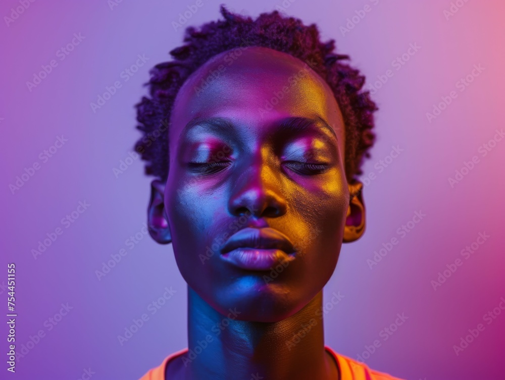 A man with a shaved head and a purple background. He is looking at the camera with a calm expression A man with a shaved head and a purple background. He is looking at the camera with a calm expression