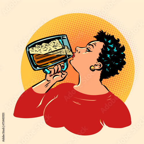 Promotions and offers for bar and tavern clients. A woman with a short haircut drinks beer. October fest and its participants enjoy the holiday.