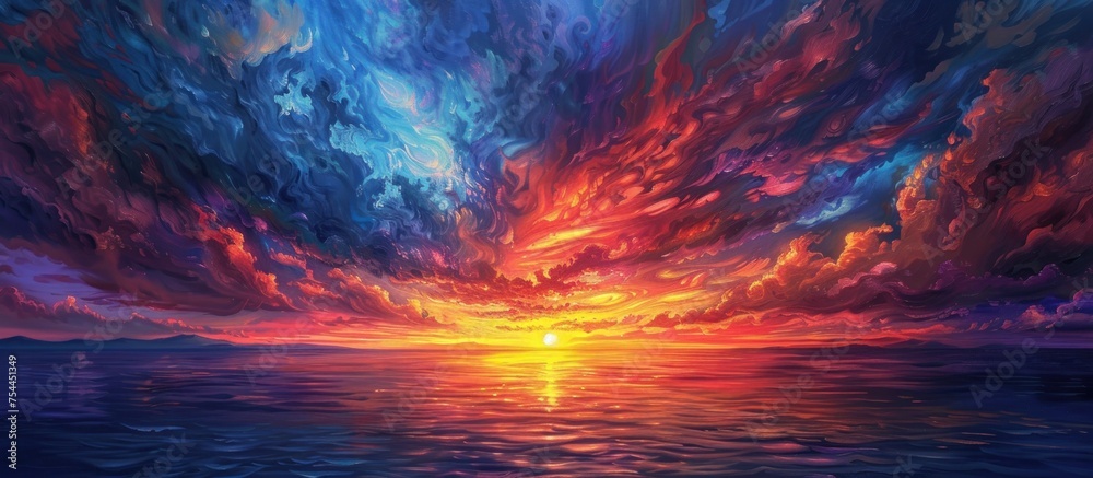 A vibrant painting showcasing a dramatic sunset casting colorful hues over a calm body of water, creating a striking reflection.