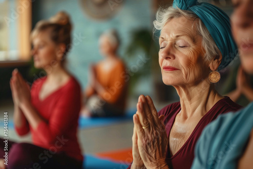 Yoga fitness, class and senior women training for elderly wellness, health and retirement self care in pilates studio. Healthcare, body workout and calm group of people exercise for healthy lifestyle.