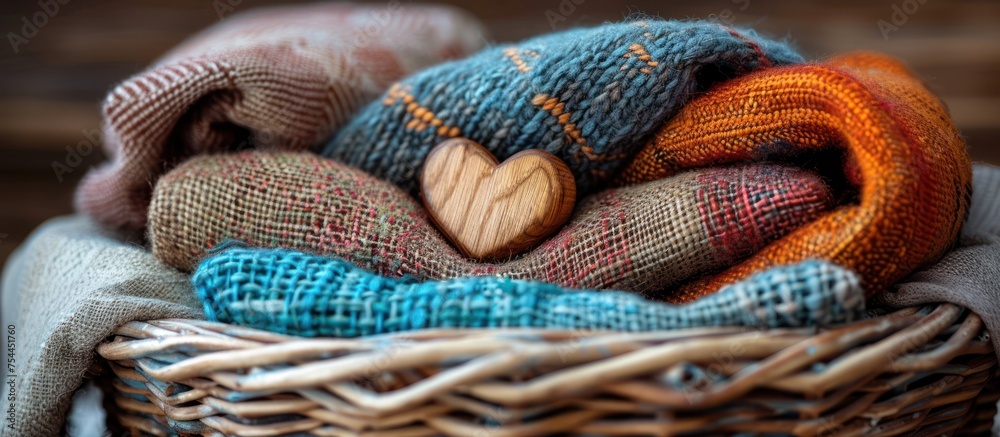 A wicker basket brimming with a variety of knitted items in different colors and textures. A wicker basket brimming with a variety of knitted items in different colors and textures.