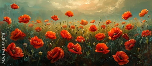 A painting showcasing a vast field dominated by vibrant red flowers  creating a striking and bold visual impact.