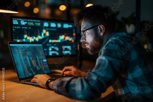 Investor using laptop checking trade market data, Stock trader broker looking at computer analyzing trading cryptocurrency finance market crypto, generative ai