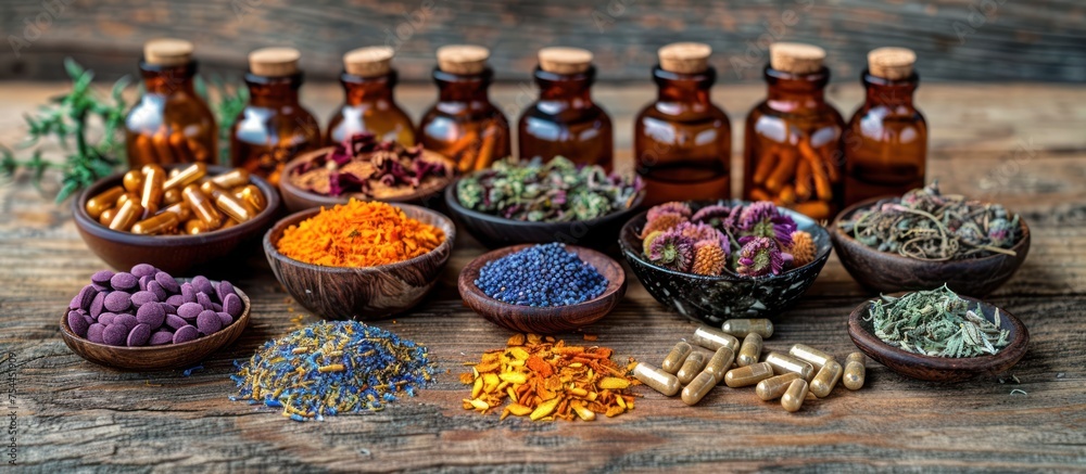 Different types of herbs are neatly arranged in bottles on a table.