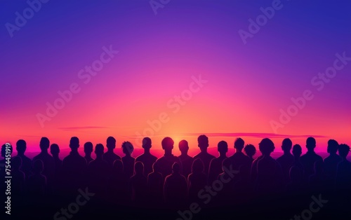 A group of people are silhouetted against a purple sky. Concept of unity and togetherness, as the people are all standing together in a single line. The purple sky adds a sense of calmness